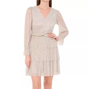 NWT 1.STATE Women's Metallic Crinkled Tiered Fit & Flare Dress in XL Silver/Gold